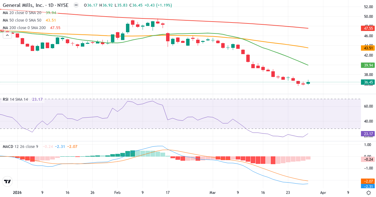 Teknisk analys av General Mills (GIS.US) – RSI 23, MACD negativ (bearish), daglig candlestick-graf mars 2026