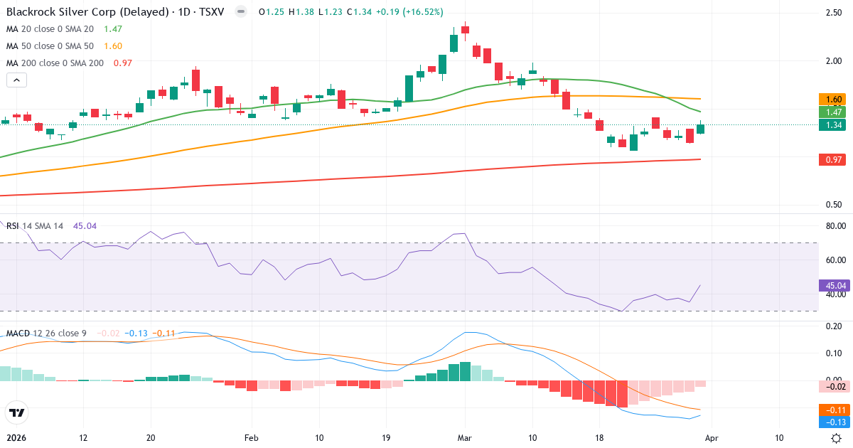 Technische Analyse von Blackrock Gold (BRC.V) – RSI 45, MACD negativ (bärisch), tägliche Candlestick-Grafik April 2026