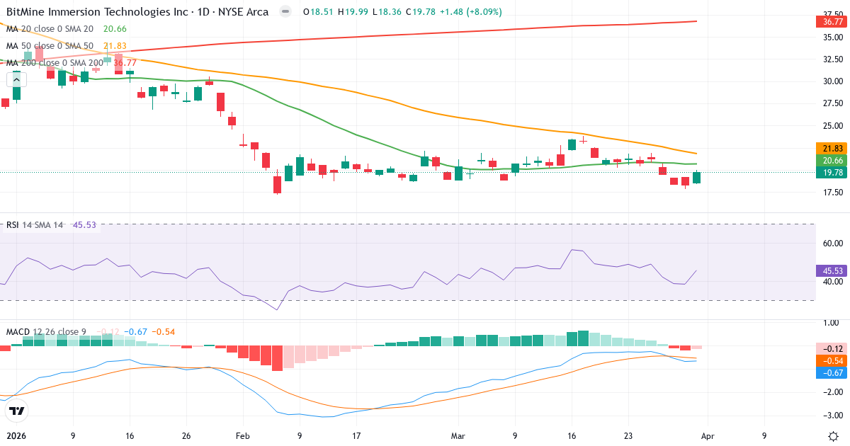 Technische Analyse von Bitmine Immersion Technologies (BMNR.US) – RSI 46, MACD negativ (bärisch), tägliche Candlestick-Grafik April 2026