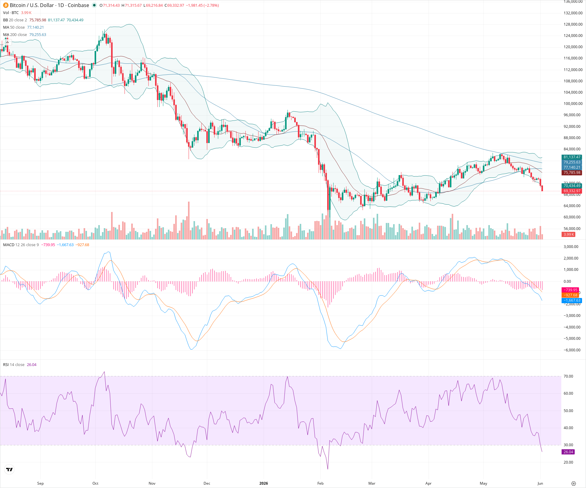 Daily candlestick price chart for BTC as of 2026-06-02T12:01:13.569Z, showing 20-, 50-, and 200-period SMAs, Bollinger Bands, volume, MACD, RSI, and the current price line with top status bar.