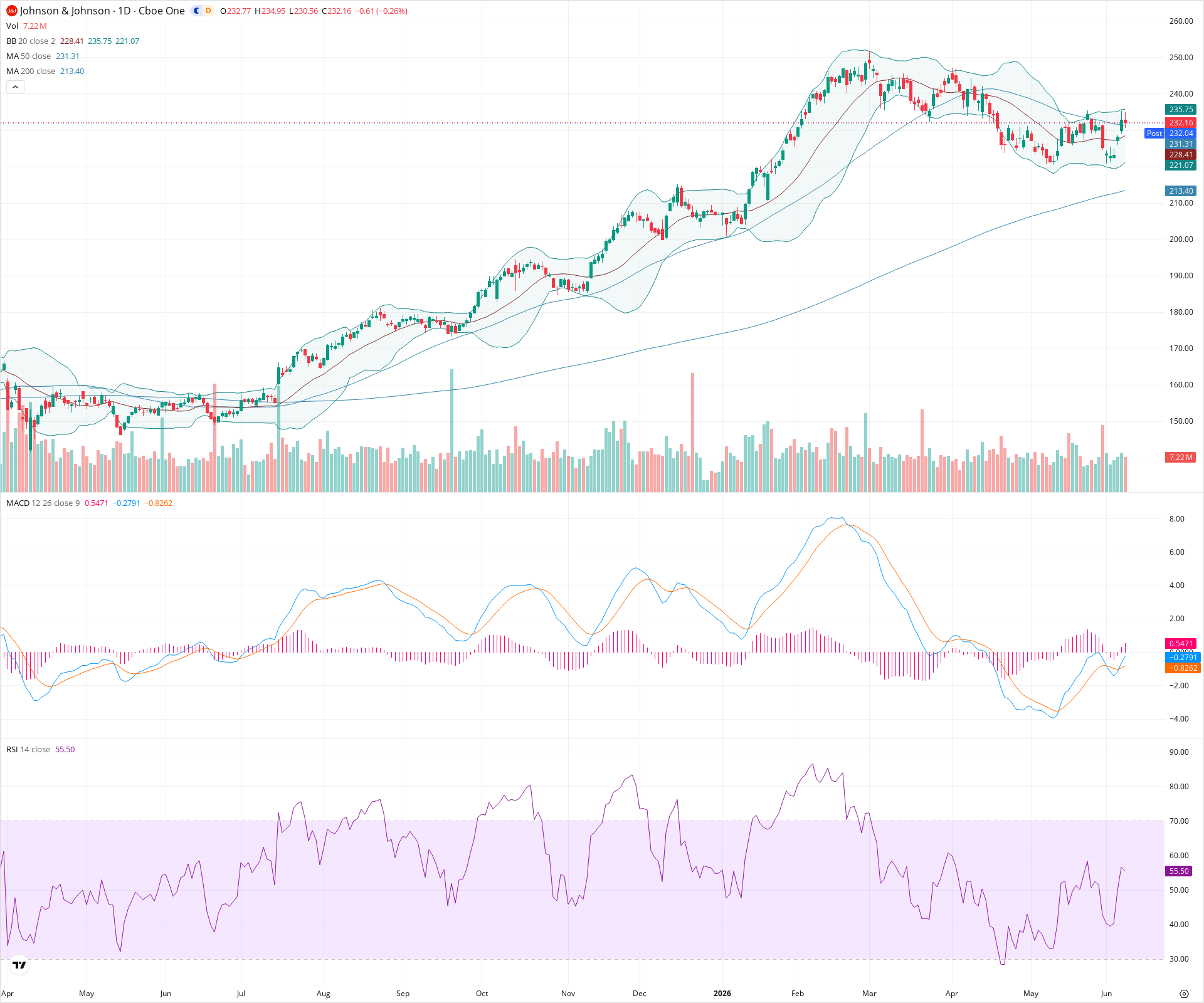 Daily candlestick price chart for JNJ as of 2026-06-08T21:04:55.521Z, showing 20-, 50-, and 200-period SMAs, Bollinger Bands, volume, MACD, RSI, and the current price line with top status bar.
