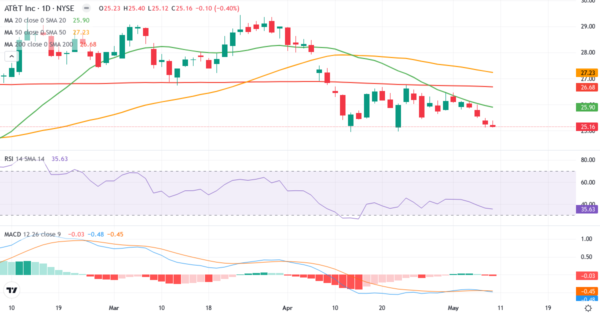 Teknisk analyse af AT & T (T.US) – RSI 34, MACD negativ (bearish), daglig candlestick-graf maj 2026