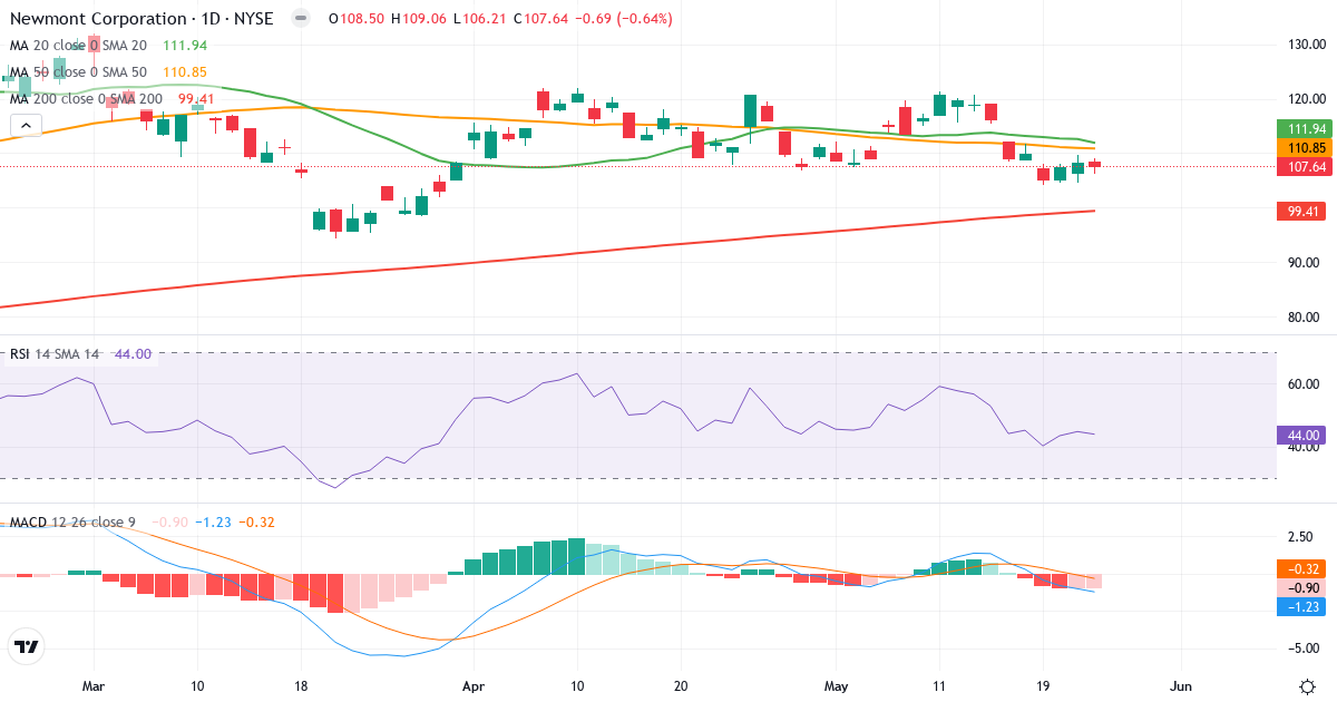 Teknisk analyse af Newmont (NEM.US) – RSI 50, MACD negativ (bearish), daglig candlestick-graf maj 2026