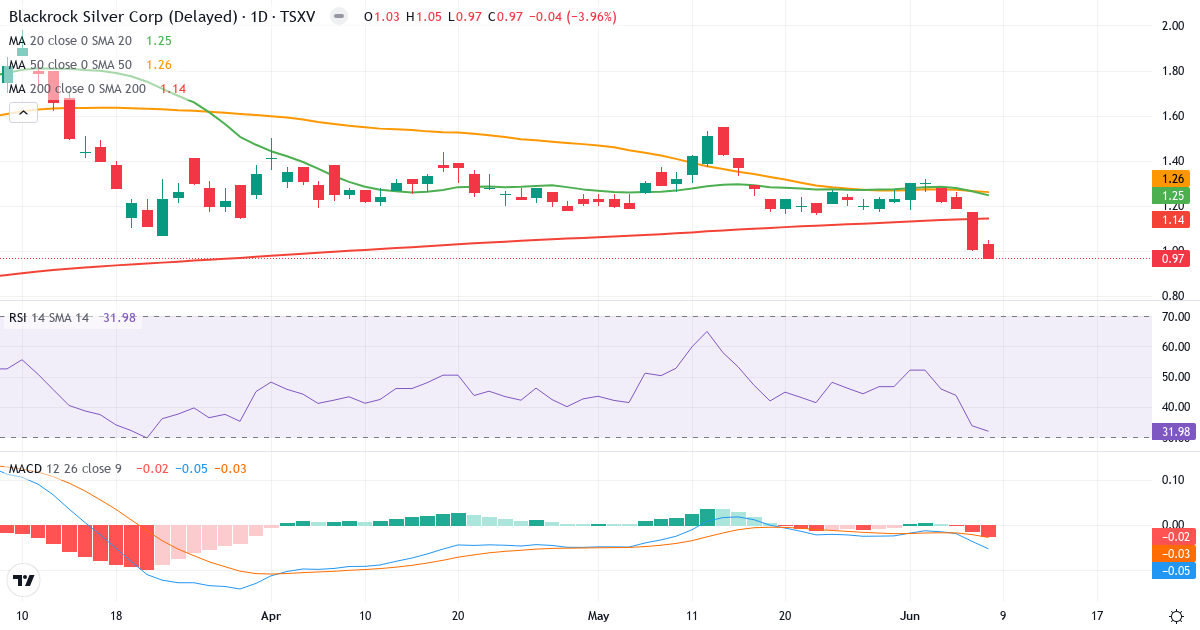 Teknisk analyse af Blackrock Gold (BRC.V) – RSI 32, MACD negativ (bearish), daglig candlestick-graf juni 2026