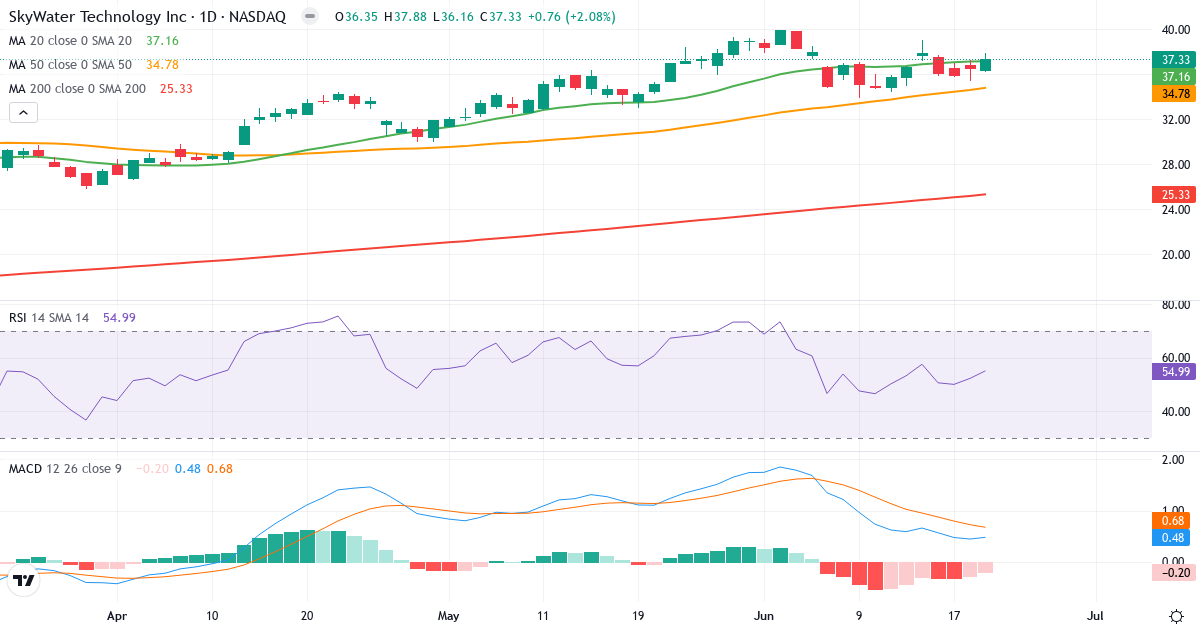 SkyWater Technology – Kortsigtet teknisk analyse (3 mdr.) med candlestick, RSI og MACD Teknisk analyse af SkyWater Technology (SKYT.US) – RSI 55, MACD positiv (bullish), daglig candlestick-graf juni 2026