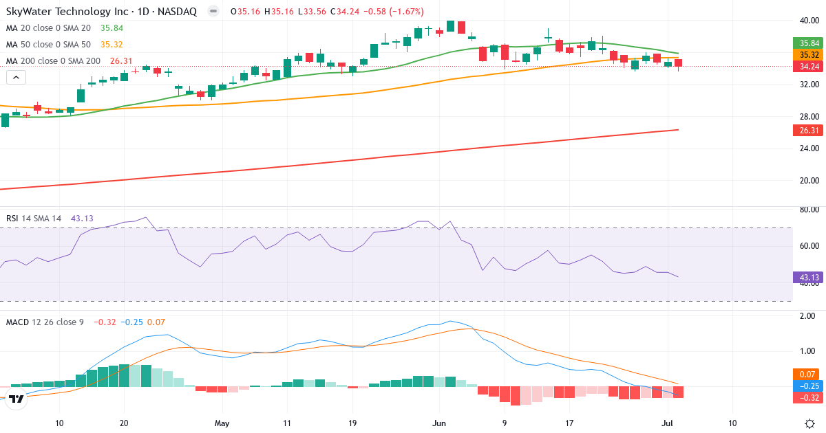 Teknisk analyse af SkyWater Technology (SKYT.US) – RSI 43, MACD negativ (bearish), daglig candlestick-graf juli 2026
