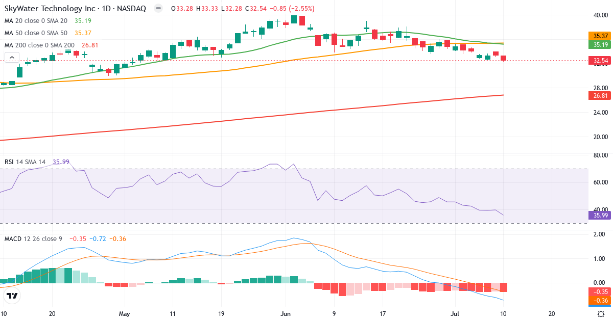 Teknisk analyse af SkyWater Technology (SKYT.US) – RSI 36, MACD negativ (bearish), daglig candlestick-graf juli 2026