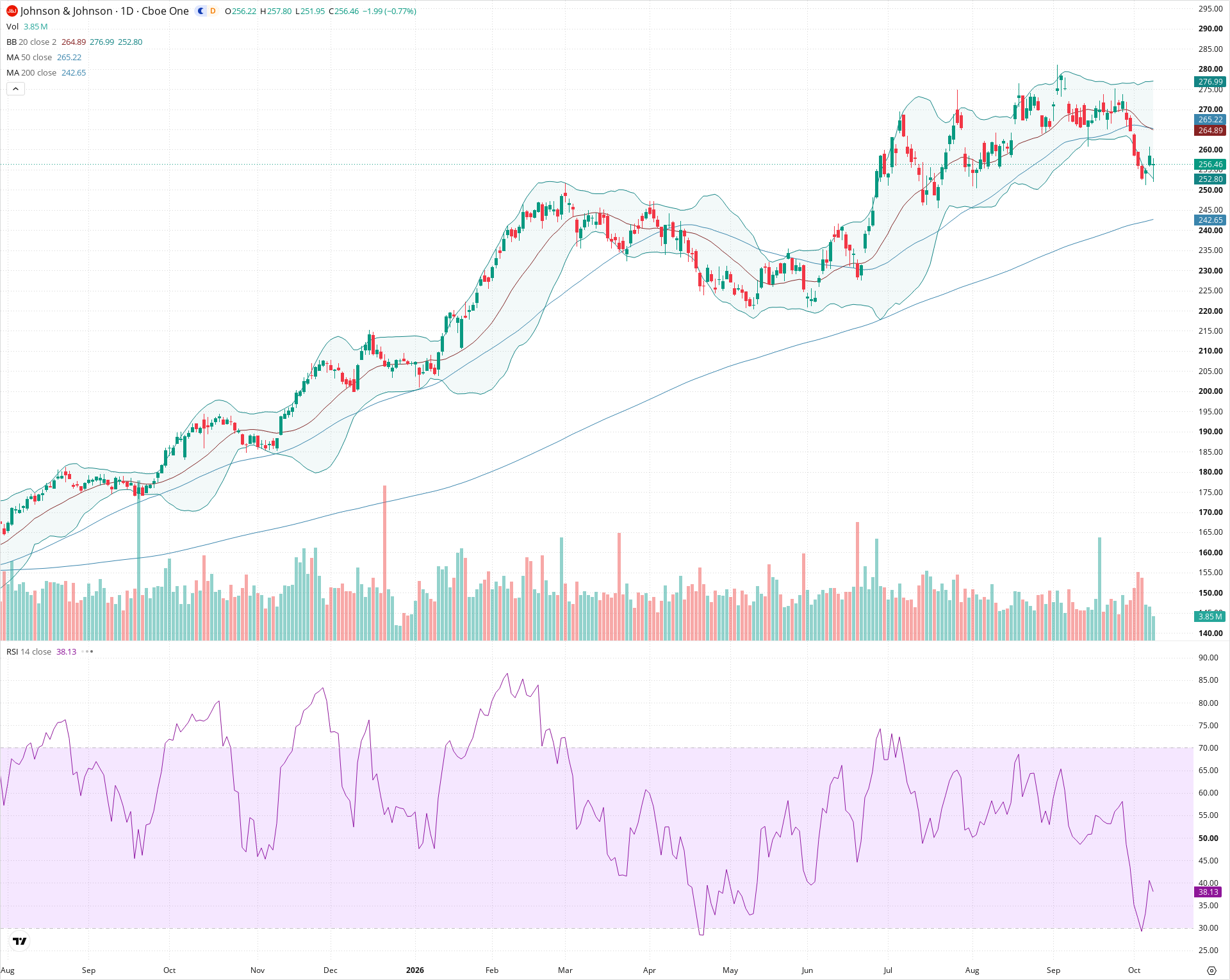 Daily candlestick price chart for JNJ as of 2026-10-08T20:19:17.459Z, showing 20-, 50-, and 200-period SMAs, Bollinger Bands, volume, RSI, and the current price line with top status bar.