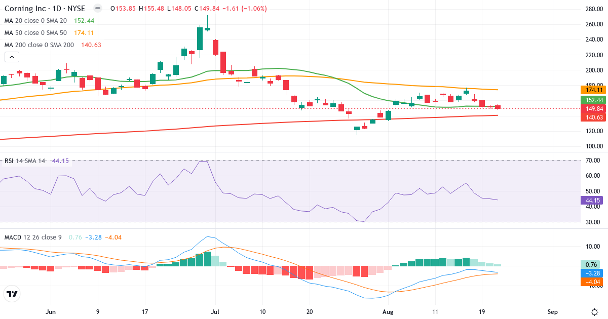 Teknisk analyse av Corning Incorporated (GLW.US) – RSI 44, MACD negativ (bearish), daglig candlestick-graf august 2026