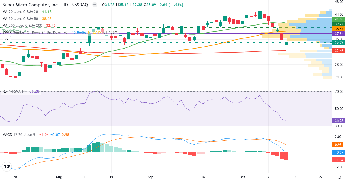 Teknisk analyse af Super Micro Computer (SMCI.US) – RSI 30, MACD negativ (bearish), daglig candlestick-graf oktober 2026