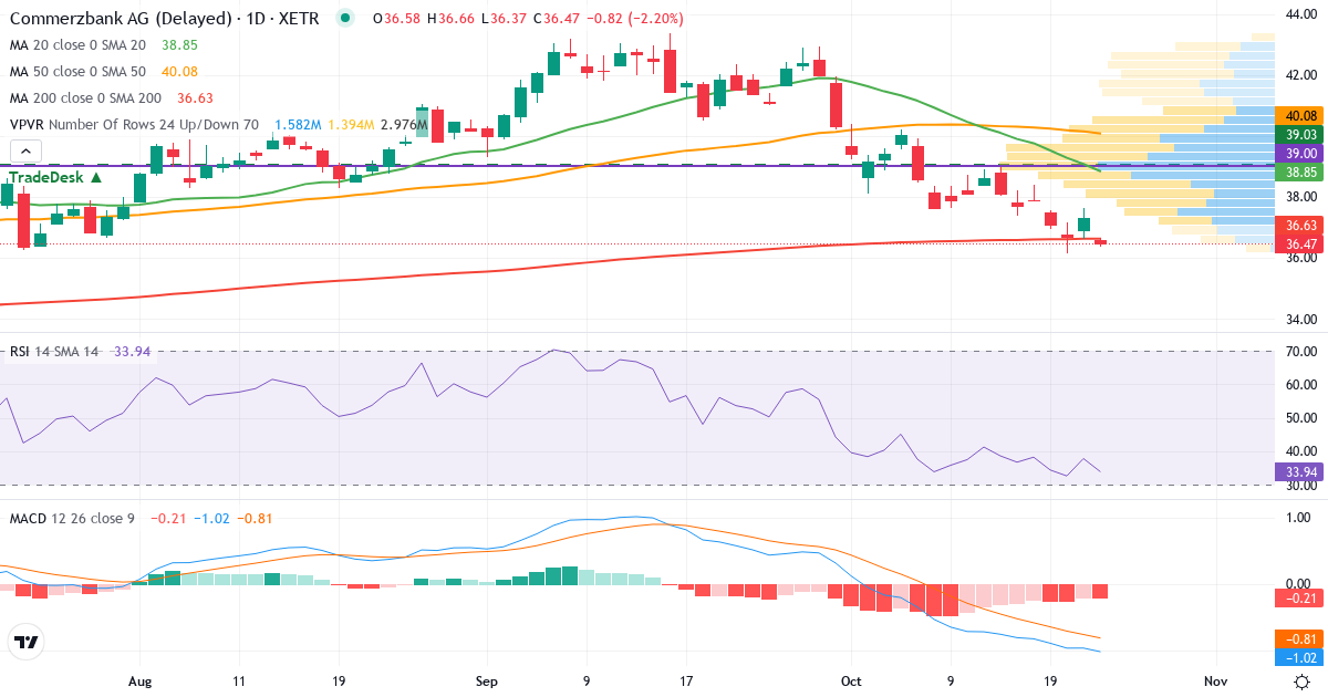Commerzbank – Kortsigtet teknisk analyse (3 mdr.) med candlestick, RSI, MACD og volumenprofil Teknisk analyse af Commerzbank (CBK.XETRA) – RSI 38, MACD negativ (bearish), daglig candlestick-graf oktober 2026