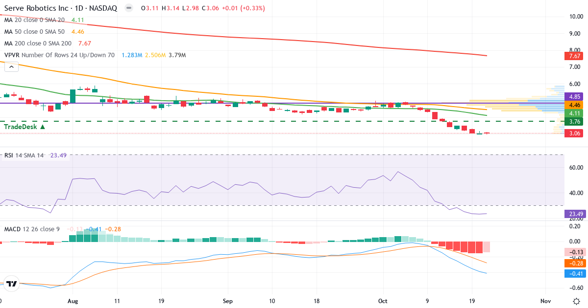 Serve Robotics – Kortsiktig teknisk analyse (3 mnd.) med candlestick, RSI, MACD og volumprofil Teknisk analyse av Serve Robotics (SERV.US) – RSI 23, MACD negativ (bearish), daglig candlestick-graf oktober 2026