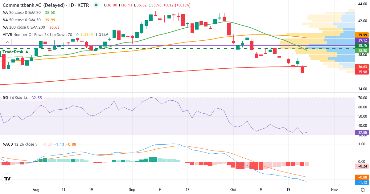 Teknisk analyse af Commerzbank (CBK.XETRA) – RSI 32, MACD negativ (bearish), daglig candlestick-graf oktober 2026