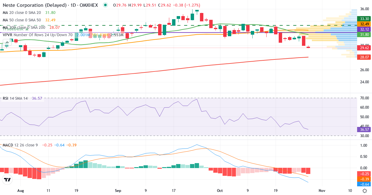 Neste – Kortsigtet teknisk analyse (3 mdr.) med candlestick, RSI, MACD og volumenprofil Teknisk analyse af Neste (NESTE.HE) – RSI 38, MACD negativ (bearish), daglig candlestick-graf oktober 2026